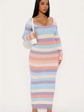 Fashion Nova Pastel Striped Ribbed Maxi Dress - Blue, Pink, Cream, Lavender